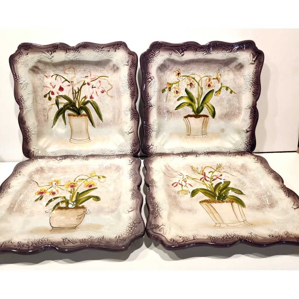 American Atelier Floral Jardin Lavender Plates Earthenware 9" Square Set of 4